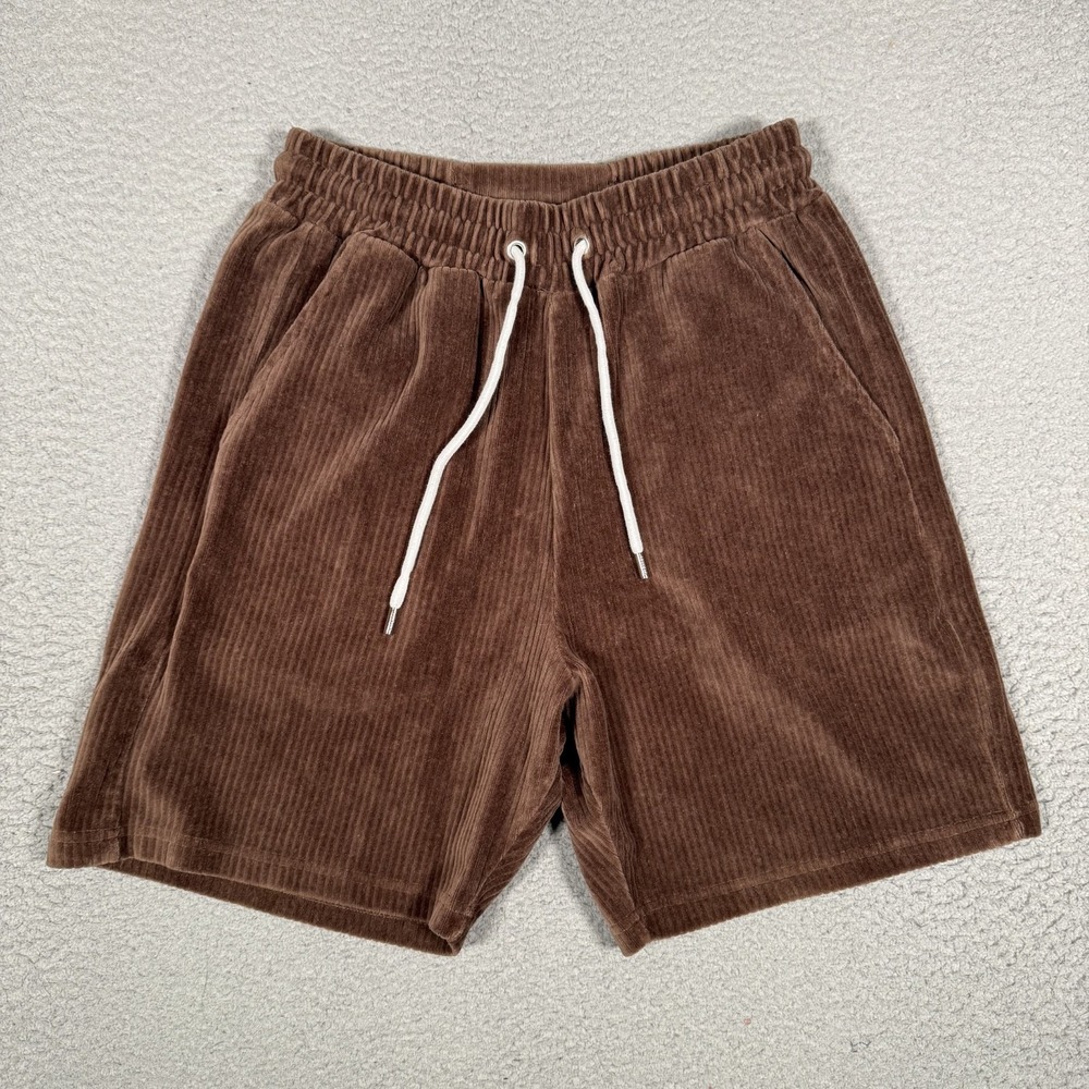 YoungLA‎ Shorts Mens Medium Brown Corduroy Elastic Waist Drawstring Pockets Logo